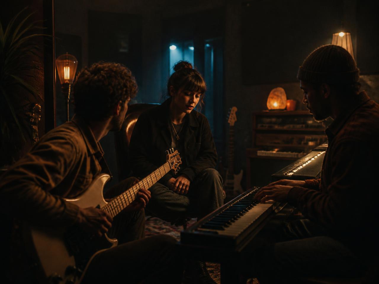 Three musicians playing together in a warm, dimly lit rehearsal room